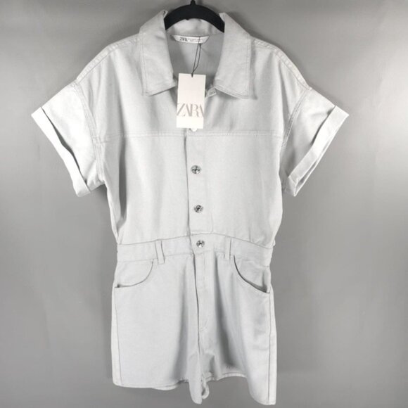 NWT ZARA Metallic Denim 100% Cotton DustyBlue Shimmer Short Romper 6929/201 Sz M - Picture 5 of 14